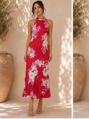 hutch mari red floral print high neck satin side slit midi dress size small NEW